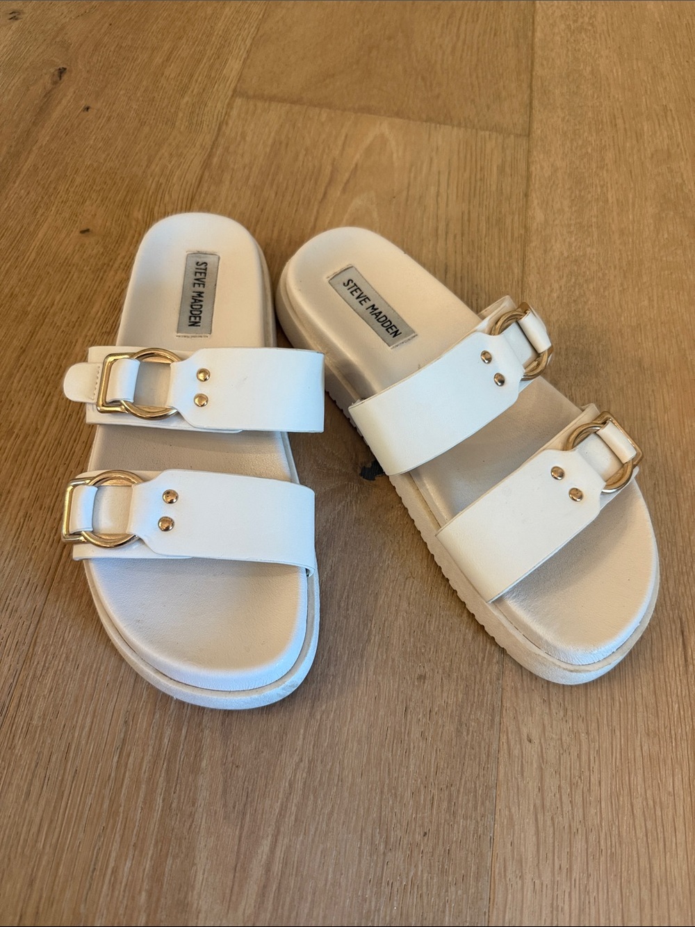 Steve Madden White Double-Buckle Slide Sandals with Gold Hardware